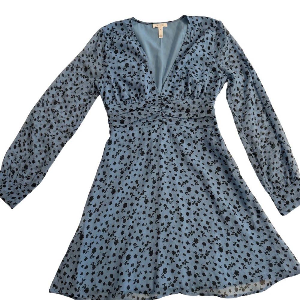 Leith Women's Long Sleeve Floral Print Mini Dress Size XS Zipper Blue Pre Owned